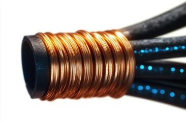 close-up of shiny copper wire tightly wound around a black cable with glowing blue dotted wires, sleek technical and futuristic mood