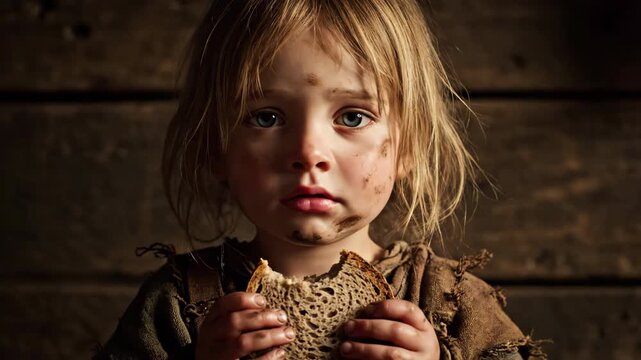 A young girl with dirt on her face holds a slice of bread, set against a rustic wooden background. The image conveys sadness and poverty.