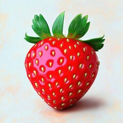 single glossy ripe red strawberry with fresh green leaves on a soft pale background, vibrant and cheerful close-up isolated fruit