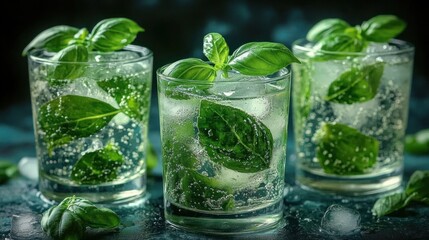 Three glasses of sparkling water garnished with fresh basil leaves and ice, condensation and bubbles conveying a refreshing cool vibrant mood