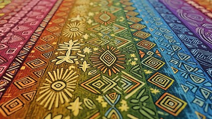 Vibrant textile patterns showcasing intricate designs and colorful motifs in a diverse cultural display
