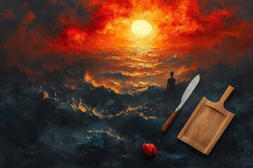 silhouetted figure on stormy sea under a fiery sunset with glowing sun, churning dark waves, a wooden cutting board, a spreading knife and a lone red tomato, surreal and contemplative