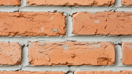 Closeup of a weathered orange brick wall with gray mortar