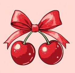 two glossy red cherries tied together with a large red ribbon bow on a soft pink background, playful and cheerful