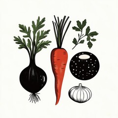 Hand-drawn vegetables &mdash; vibrant carrot, two dark round root bulbs, garlic bulb and green herb sprigs, fresh rustic mood