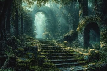 moss-covered stone steps winding through ancient arched ruins in a sunlit misty forest, serene and mysterious