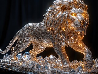 majestic jewel-encrusted lion sculpture with glowing golden lights and crystal base in walking pose, luminous eyes and ornate mane against a dark backdrop conveying power and opulence