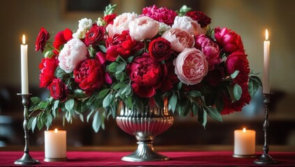 Luxurious bouquet of red and pink peonies and roses in a silver urn flanked by glowing candles, creating a warm intimate romantic atmosphere