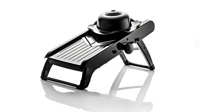 A sleek, black kitchen mandoline slicer, featuring a textured platform, adjustable angle, and safety guard, set against a bright, white backdrop