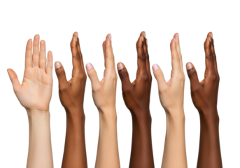 Six diverse hands, light to dark skin, one with pastel pink nails, open palms raised, isolated on transparent, soft studio light, ultra-realistic, concept of cultural diversity and unity