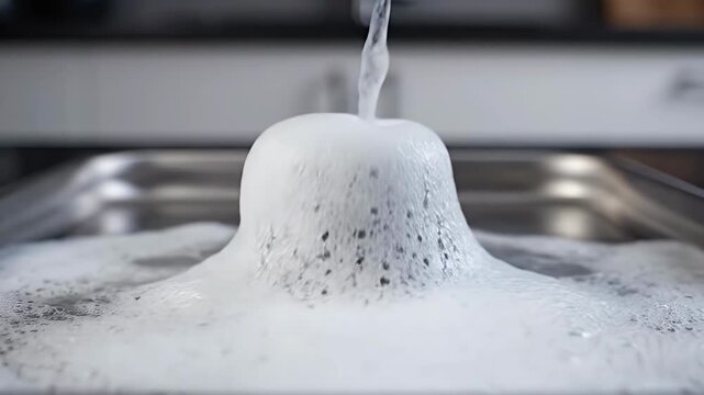 Baking soda eruption with foamy overflow in kitchen sink