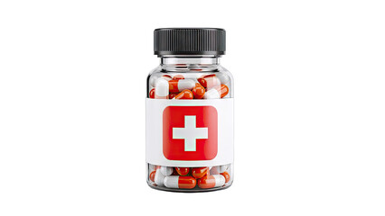 Bottle of Red and White Capsules with Red Cross Symbol