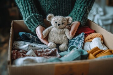 hands placing a small knitted teddy bear into a cardboard box of folded sweaters and cozy clothes, a warm nostalgic tender moment