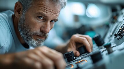Close-up of hands adjusting knobs and illuminated buttons on an instrument control panel, operator focused with concentrated, precise attention