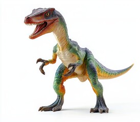 Obraz premium colorful theropod dinosaur model on white background with open jaws and raised claws in a fierce menacing pose