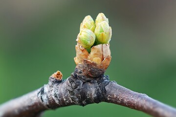 Close up of a woody branch with two fresh green buds emerging from dried bud scales, conveying renewal and hopeful spring growth