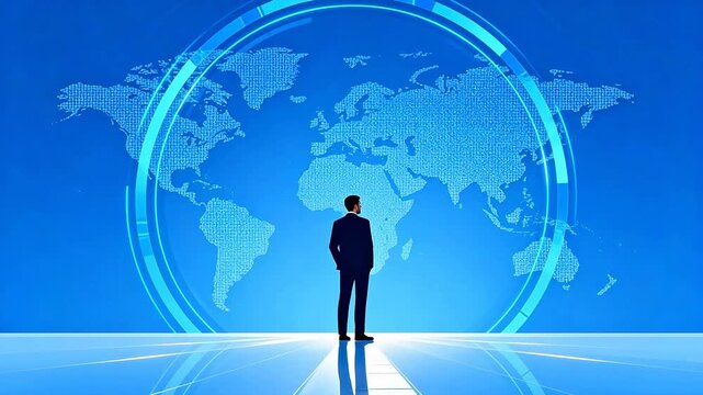 Businessman facing digital world map