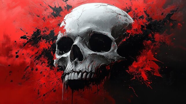 large white skull with hollow eye sockets and dripping paint against explosive red and black splattered background, intense ominous macabre atmosphere