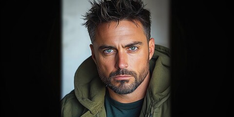close-up portrait of a young man with spiky hair wearing an olive green hoodie and dark t-shirt, neutral introspective mood against a dark vignette background