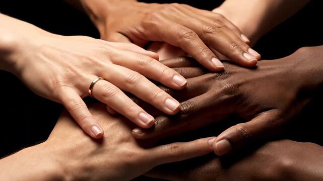 A close-up shot of a pile of diverse hands together on a black background, symbolizing unity, teamwork, collaboration and support among a multiethnic group.