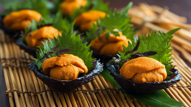 Fresh uni served on open sea urchin shells, vibrant orange roe with creamy texture, premium Japanese seafood delicacy ready for sushi or gourmet dining.