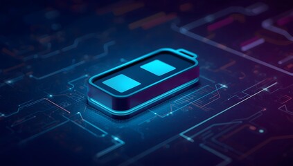 Glowing Battery Icon on Futuristic Circuit Board Background Design