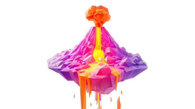 Low Poly Floating Island with Erupting Volcano and Colorful Smoke