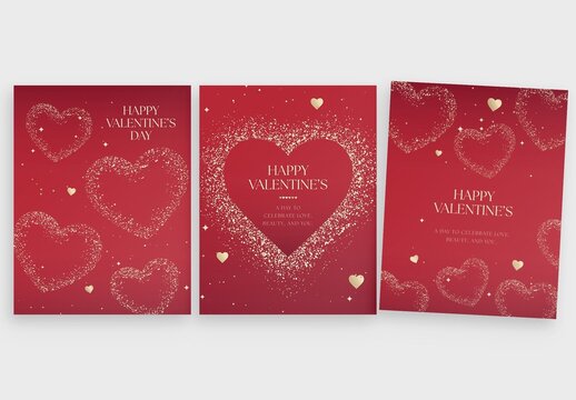 Valentines Day Flyer Poster Template in Red & Gold with Sparkling Valentine's Day Love Heart Vector