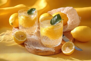 Two textured glasses with chilled lemon slices and green leaves on a wooden board surrounded by halved and whole lemons, knife and mesh bag on bright yellow fabric, fresh and sunny mood
