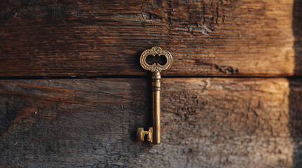 Vintage brass key hanging on a rustic dark wooden wall, creating a moody nostalgic atmosphere. Symbol of mystery, access, and security with rich texture and aged patina.