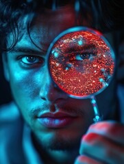 moody close-up portrait of a man with curly hair and stubble, dramatic teal and red rim lighting, contemplative and mysterious atmosphere with hand near face