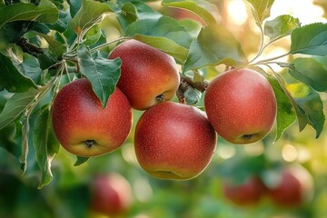 Ripe red apples hanging from a leafy branch in warm sunlight, close-up orchard scene evoking fresh, inviting harvest and serene natural beauty