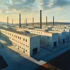 row of identical concrete industrial buildings with tall smokestacks casting long shadows at golden hour in an empty desolate factory complex under a dramatic sky