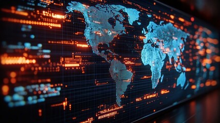 glowing digital world map with blue pixel continents and orange data streams conveying dynamic global connectivity