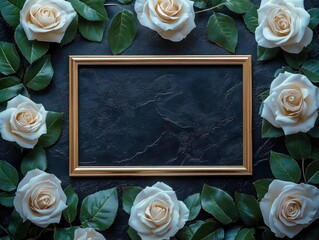 Empty gold frame centered on dark textured slate background surrounded by cream roses and glossy green leaves, elegant serene romantic floral still life