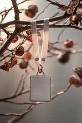 blank rectangular id badge on a white lanyard hanging from a bare branch with dried brown leaves, soft warm light and a quiet contemplative autumn mood