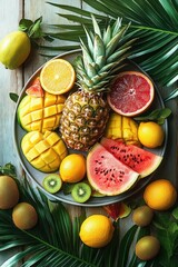 Vibrant tropical fruit platter with whole pineapple, diced mangoes, watermelon slices, grapefruit and orange halves, lemons and kiwi on a wooden table with palm leaves, fresh and inviting