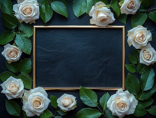 gold rectangular frame on dark slate background surrounded by cream roses and green leaves, elegant romantic serene floral composition