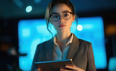 Focused professional in blazer holding tablet in front of large blue presentation screen, confident and composed in dim office