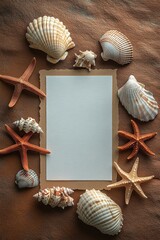 blank textured paper surrounded by assorted seashells and starfish on a warm brown surface evoking calm coastal nostalgia