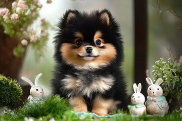 Fluffy black and tan Pomeranian puppy sitting among green plants and three ceramic bunny figurines with pink blossoms, looking adorable and curious