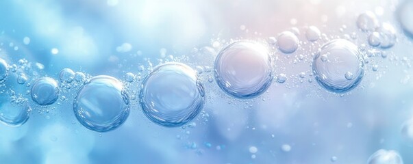 row of translucent water bubbles floating in soft blue liquid with gentle light reflections and bokeh, evoking a calm and serene mood