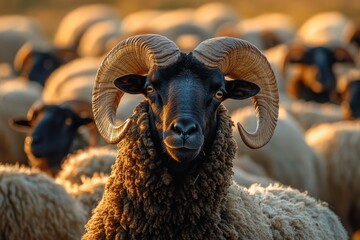 majestic black-faced ram with broad curled horns and dense wool staring calmly amid a golden backlit flock of sheep, stoic pastoral mood