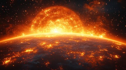 massive fiery sun rising behind a scorched planet with glowing molten surface, erupting hotspots and a starry space sky &mdash; dramatic and apocalyptic