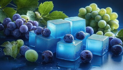 blue translucent jelly cubes with green and purple grapes, grape leaves and water droplets on a wet reflective surface — cool, refreshing and inviting still life