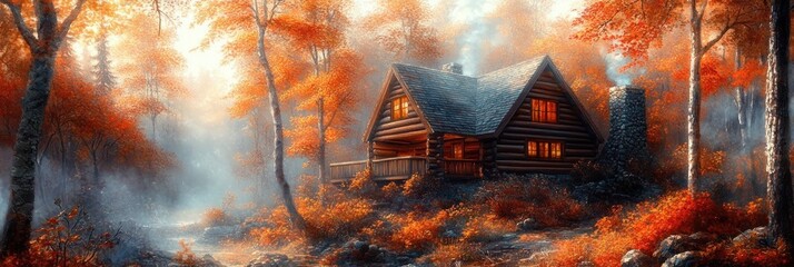 cozy log cabin in a misty autumn forest with glowing windows and stone chimney beside a tranquil stream, warm orange foliage and birch trees creating a peaceful inviting mood