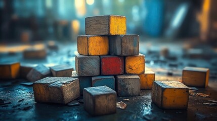 Worn wooden toy blocks stacked into a small pyramid on a dusty tabletop with scattered painted cubes around, moody bokeh lighting evoking a nostalgic, abandoned, melancholic feel