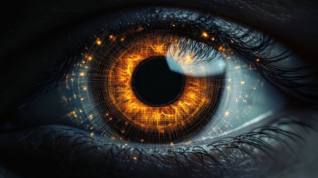 close-up human eye with glowing orange cybernetic iris, digital grid and sparks, detailed eyelashes and skin conveying an intense futuristic gaze and vigilant awe - Powered by Adobe