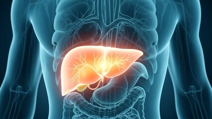 Human body anatomy highlighting the liver in a transparent blue illustration