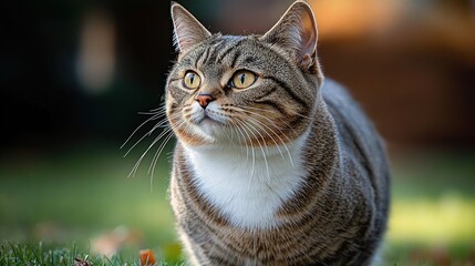 Alert tabby cat with golden eyes and white chest sitting on grass in warm evening light, close-up portrait with soft blurred background and curious calm expression